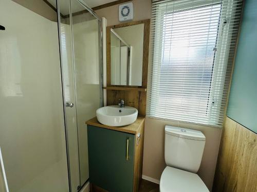 a bathroom with a toilet and a sink at Luxury 2-Bed Holiday Lodge near Bude & Widemouth in Holsworthy