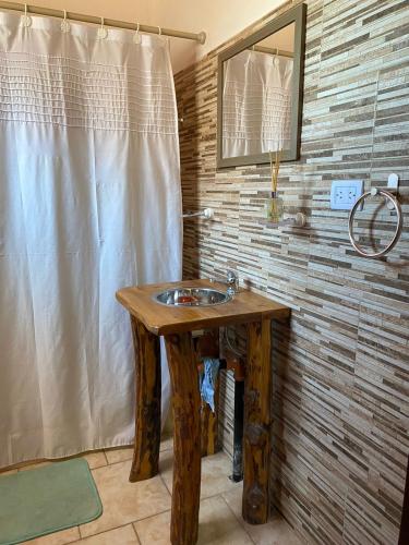 y baño con lavabo de madera y ducha. en CATALINA en Neuquén