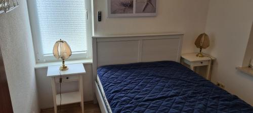 a bedroom with a blue bed and a window at FEWO Schlei-Hering bei Kappeln Ostsee in Oersberg