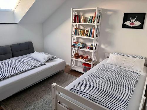 a bedroom with two beds and a book shelf at FERIENWOHNUNG SEEBRISE mit sonniger Dachterrasse in Uhldingen-Mühlhofen