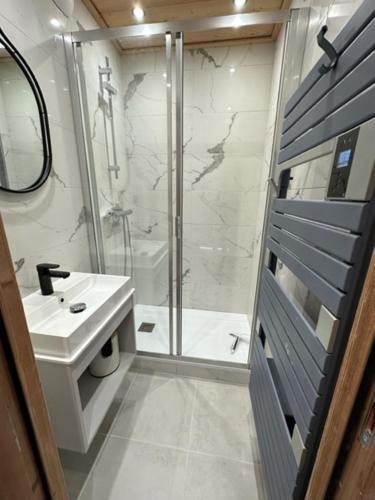een badkamer met een douche en een wastafel bij TIGNES VAL CLARET A LA CONQUETE DES SOMMETS MOUTIERE B23 in Tignes