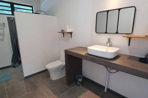 La salle de bains est pourvue d'un lavabo et de toilettes. dans l'établissement Le Fare APE TARUA, à Taputapuapea