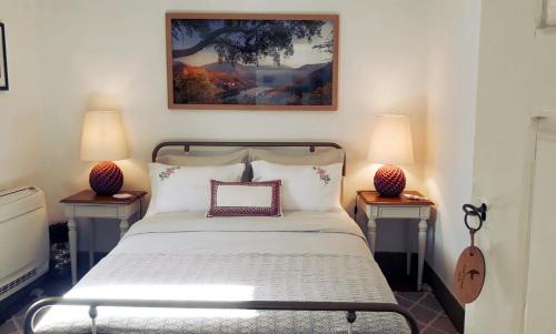 1 dormitorio con 1 cama con 2 lámparas en 2 mesas en Casa dos Vinhais - Douro Valley, en Coleja