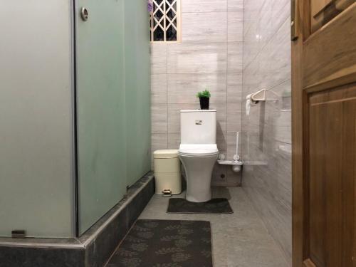 a bathroom with a toilet with a plant on top of it at Aseda Lodge Gh in Accra