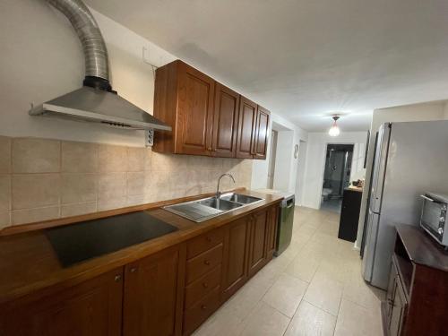 a kitchen with wooden cabinets and a sink and a refrigerator at Appartamento in the Heart of Tuscany in Monsummano