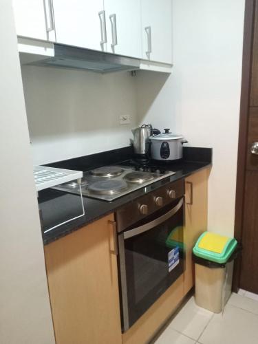 a small kitchen with a stove and a sink at Unit 3J Signature Suites, Lafayette Megaworld in Iloilo City