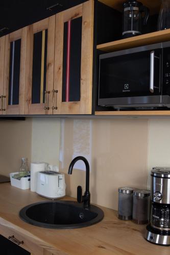 a kitchen counter with a sink and a microwave at Charming Rustic Retreat in Lahemaa National Park in Kolga