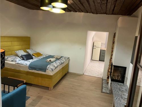 1 dormitorio con 1 cama grande y baño en Apartmán Gabriela, en Červená Voda