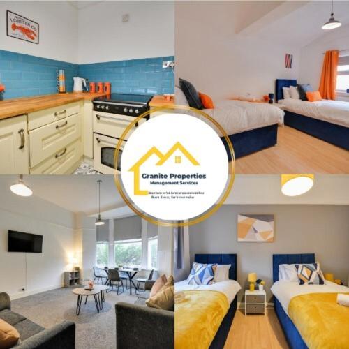 a collage of three pictures of a room at Beautiful Stylish 2BD Flat - Free Parking 30 Percent Off Long term bookings in Wallasey