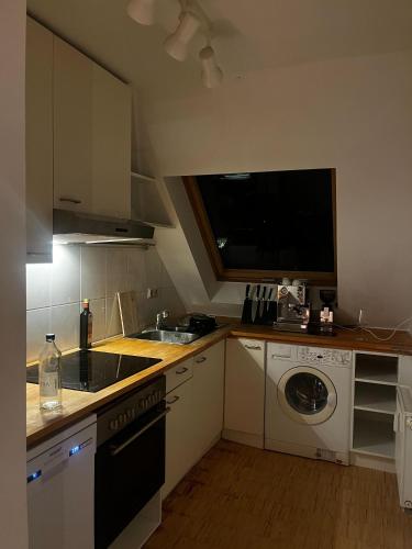 a kitchen with a sink and a washing machine at OBK City Lodge: Designer duplex appartment in Oberkassel, close to river rhine, Areal Böhler and Messe Düsseldorf in Düsseldorf
