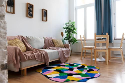 ein Wohnzimmer mit einem Sofa und einem Teppich in der Unterkunft Le P'tit Bijou - Centre de Liège in Lüttich