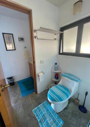 a bathroom with a toilet with a blue seat at Casa Sofie Salchi-Tahueca in Cuatunalco