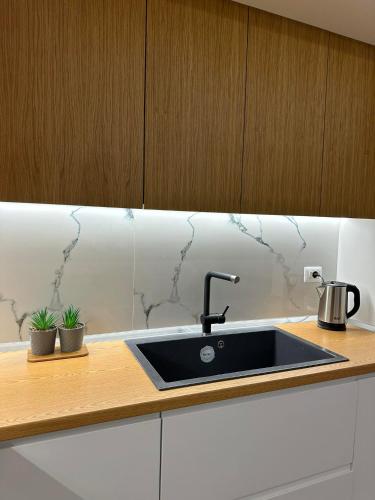 a kitchen with a sink and a counter top at Sea View Apartment Luxury in Vlorë