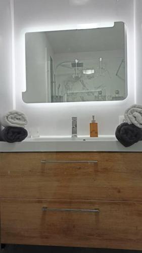 une salle de bain avec un lavabo et un miroir dans l'établissement Beau T3 à 5 min du Grand Stade avec parking gratuit, à Villeneuve d'Ascq