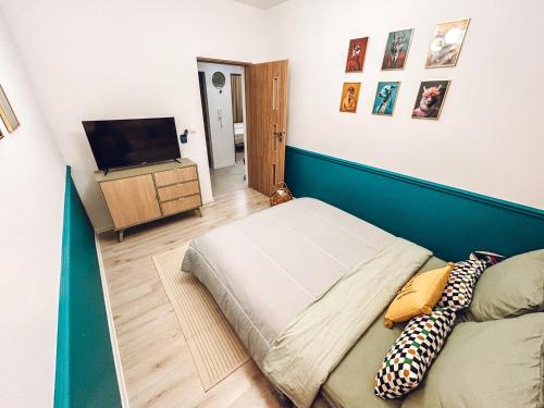 馬佐夫舍地區托馬舒夫的住宿－Art Place，一间卧室配有一张床和一台平面电视