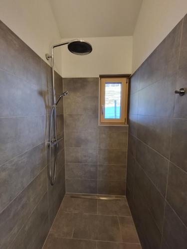 a bathroom with a shower with a glass door at Haus am Hochwechsel in Breitenbrunn