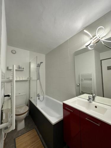 une salle de bain avec un lavabo, des toilettes et une douche dans l'établissement Paquebot des Neiges - Appartement 4 personnes - Vue Mont Blanc, à Aime La Plagne