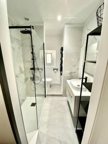 une salle de bain blanche avec une douche et un lavabo dans l'établissement Les Terrasses des Antiques, à Saint-Rémy-de-Provence