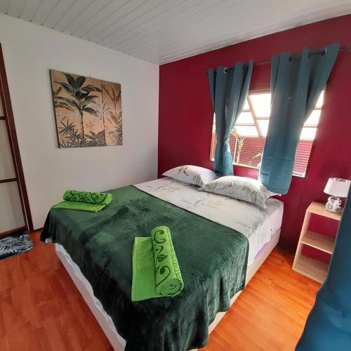 1 dormitorio con 1 cama grande y cortinas azules en Nuutea lodge, en Avatoru