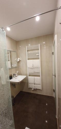 ein Bad mit einem Waschbecken und einem Spiegel in der Unterkunft Apartment SiLa in Kassel