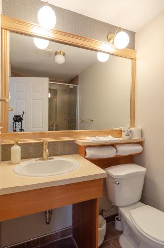 a bathroom with a sink and a toilet and a mirror at Hotel Dorion in Montréal