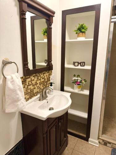 a bathroom with a sink and a mirror at The House Hotel Elmwood in Lakewood