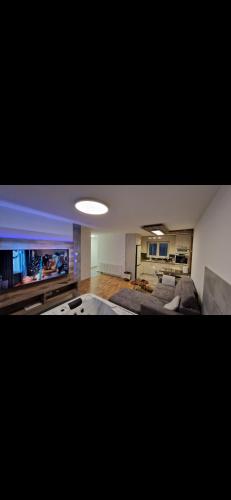 a large living room with a couch and a tv at LORD-Osijek in Osijek
