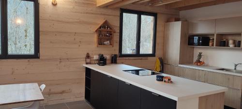 uma cozinha com uma bancada branca e paredes de madeira em La Tour de l'Enversin em Vaujany