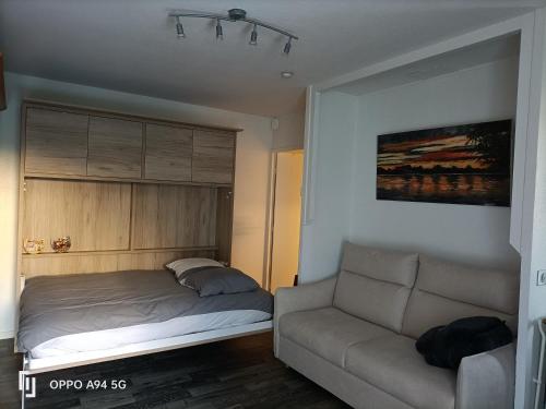 une chambre avec un lit et un canapé dans l'établissement Studio détente bien être, à La Tour-du-Pin