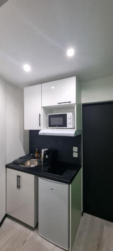 une petite cuisine avec un évier et un micro-ondes dans l'établissement Studio Aloe tout confort rénové, à Saint-Quentin