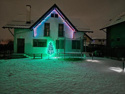 une maison avec un arbre de Noël en face dans l'établissement Vila Decebal, à Râșnov