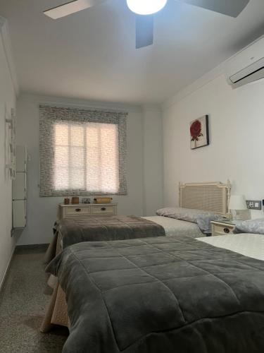 1 Schlafzimmer mit 2 Betten und einem Fenster in der Unterkunft Apartamento Reyes La Carihuela in Torremolinos