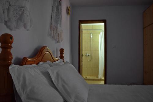 a bedroom with a bed and a bathroom with a shower at Casa Visovan in Sighetu Marmaţiei