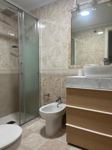 ein Bad mit einem Waschbecken, einem WC und einer Dusche in der Unterkunft Apartamento Reyes La Carihuela in Torremolinos