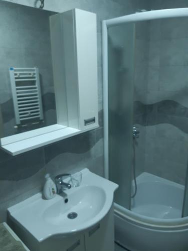 a white bathroom with a sink and a shower at Stil Apartman in Smederevo