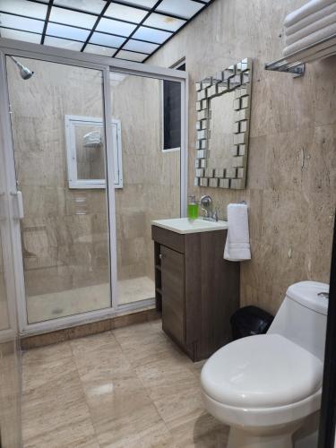 a bathroom with a shower and a toilet and a sink at Casa Ostra con alberca privada in Mazatlán