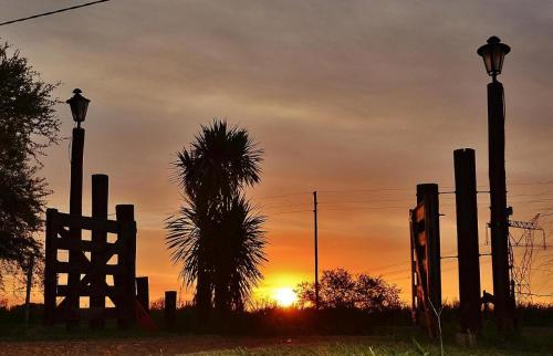 a sunset with a palm tree and two street lights at Valdemoro Hosteria in Gualeguaychú