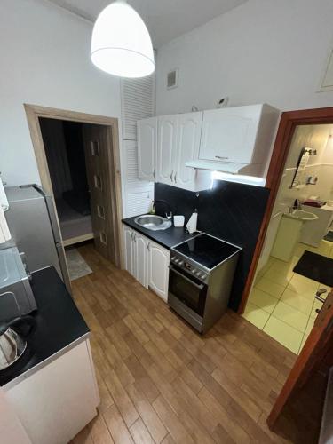 a small kitchen with a sink and a stove at Apartament REJA CENTRUM in Kętrzyn