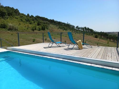 two blue chairs sitting next to a swimming pool at Terraços da Serra in Painho