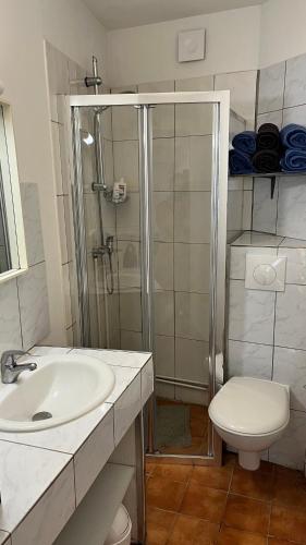 une salle de bain avec une douche, un lavabo et des toilettes dans l'établissement Ibiscus-Immoploc, à Dieppe