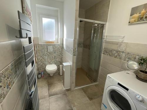 une salle de bain avec douche et machine à laver dans l'établissement Villa Clelini, à Méounes-lès-Montrieux