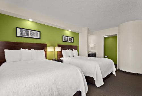 two beds in a hotel room with green walls at SPOT X Hotel Tampa - Wesley Chapel by The Red Collection in Wesley Chapel