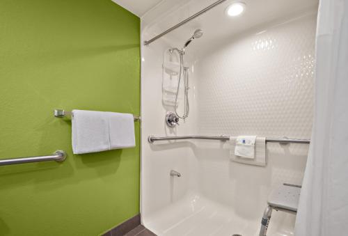 a green bathroom with a shower and a sink at SPOT X Hotel Tampa - Wesley Chapel by The Red Collection in Wesley Chapel
