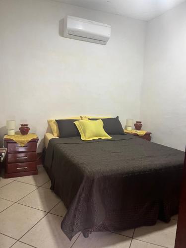 a bedroom with a black bed with yellow pillows at Apartamento El Madroño in León