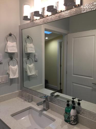 bagno con lavandino e grande specchio di Arbutus Rose House at Vancouver west side a Vancouver