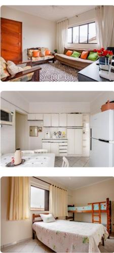 two pictures of a kitchen and a living room at Apartamento Próximo ao Mar in Praia Grande