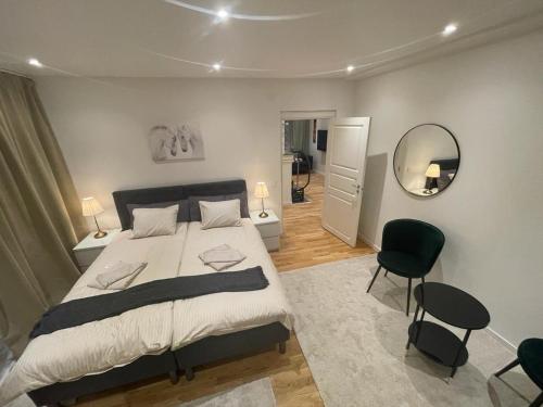 a bedroom with a large bed and a mirror at Noah Longstay Apartment in Västerås