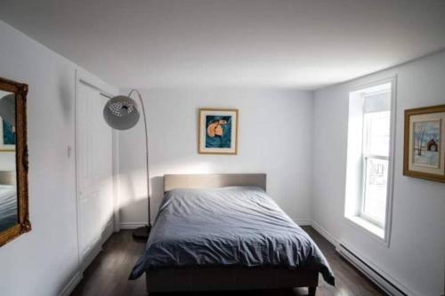 - une chambre blanche avec un lit et une fenêtre dans l'établissement Bel appartement au centre-ville, à Granby