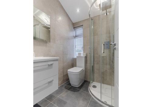La salle de bains est pourvue de toilettes et d'une douche en verre. dans l'établissement Cozy and Stylish 2 BR flat in Greater London, à Londres