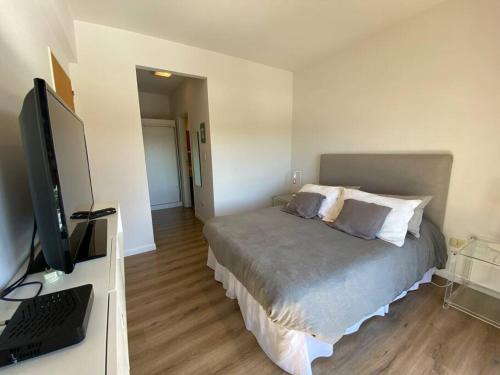 a bedroom with a bed and a television in it at Departamento centrico en Tigre con Piscina y cochera incluida in Tigre